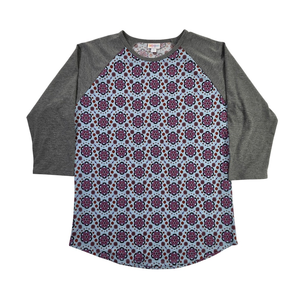 LuLaRoe Randy Baseball Tee XL Purple Blue Floral Medallion Gray 3/4 Sleeve Top